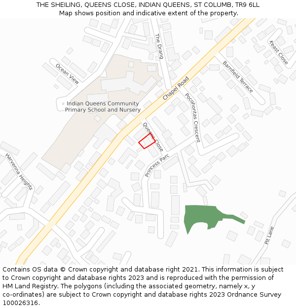THE SHEILING, QUEENS CLOSE, INDIAN QUEENS, ST COLUMB, TR9 6LL: Location map and indicative extent of plot