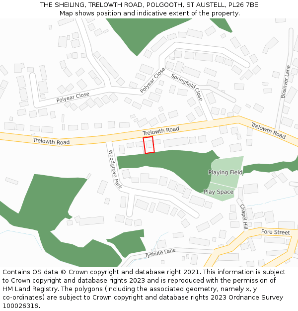 THE SHEILING, TRELOWTH ROAD, POLGOOTH, ST AUSTELL, PL26 7BE: Location map and indicative extent of plot