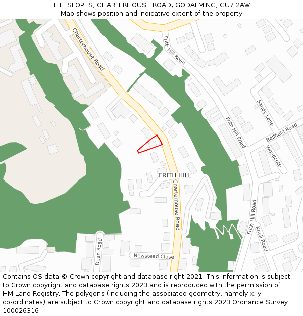 THE SLOPES, CHARTERHOUSE ROAD, GODALMING, GU7 2AW: Location map and indicative extent of plot