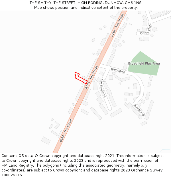 THE SMITHY, THE STREET, HIGH RODING, DUNMOW, CM6 1NS: Location map and indicative extent of plot