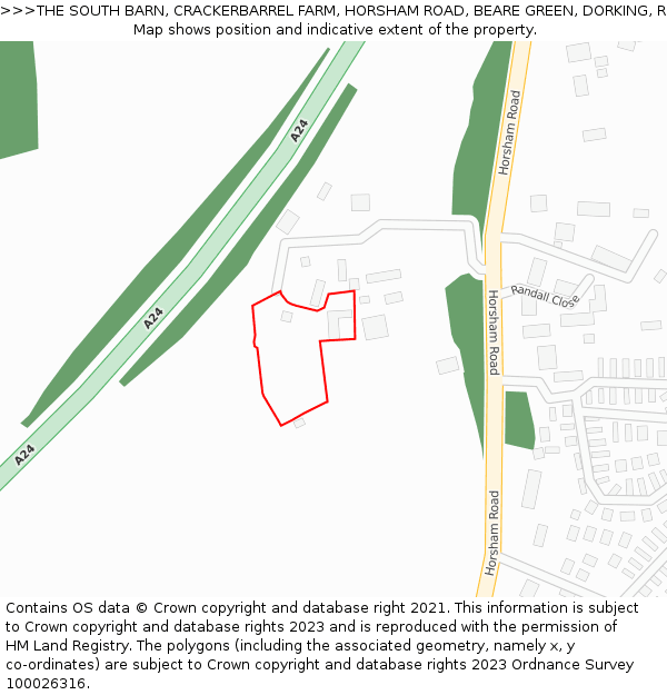 THE SOUTH BARN, CRACKERBARREL FARM, HORSHAM ROAD, BEARE GREEN, DORKING, RH5 4PQ: Location map and indicative extent of plot