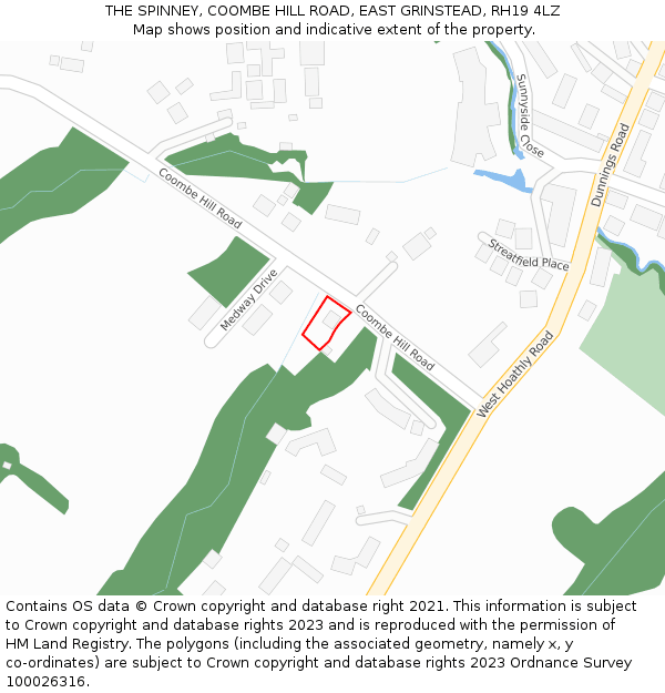 THE SPINNEY, COOMBE HILL ROAD, EAST GRINSTEAD, RH19 4LZ: Location map and indicative extent of plot