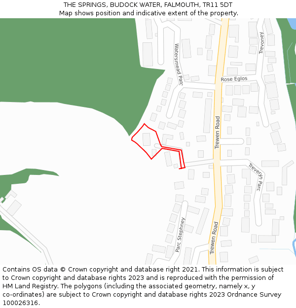 THE SPRINGS, BUDOCK WATER, FALMOUTH, TR11 5DT: Location map and indicative extent of plot