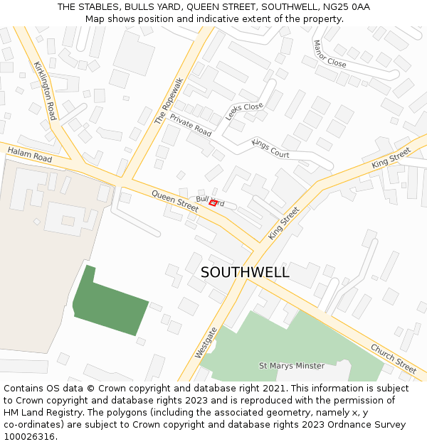 THE STABLES, BULLS YARD, QUEEN STREET, SOUTHWELL, NG25 0AA: Location map and indicative extent of plot