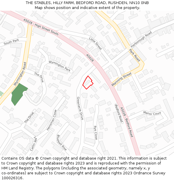 THE STABLES, HILLY FARM, BEDFORD ROAD, RUSHDEN, NN10 0NB: Location map and indicative extent of plot
