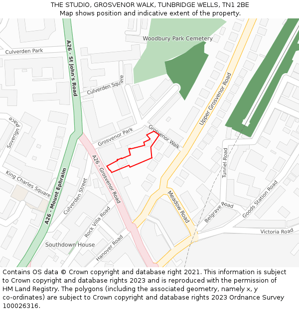 THE STUDIO, GROSVENOR WALK, TUNBRIDGE WELLS, TN1 2BE: Location map and indicative extent of plot