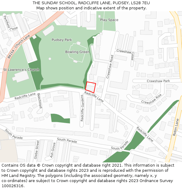 THE SUNDAY SCHOOL, RADCLIFFE LANE, PUDSEY, LS28 7EU: Location map and indicative extent of plot
