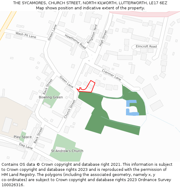 THE SYCAMORES, CHURCH STREET, NORTH KILWORTH, LUTTERWORTH, LE17 6EZ: Location map and indicative extent of plot