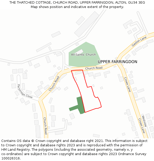 THE THATCHED COTTAGE, CHURCH ROAD, UPPER FARRINGDON, ALTON, GU34 3EG: Location map and indicative extent of plot