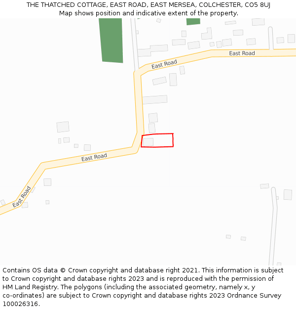 THE THATCHED COTTAGE, EAST ROAD, EAST MERSEA, COLCHESTER, CO5 8UJ: Location map and indicative extent of plot