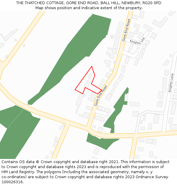 THE THATCHED COTTAGE, GORE END ROAD, BALL HILL, NEWBURY, RG20 0PD: Location map and indicative extent of plot