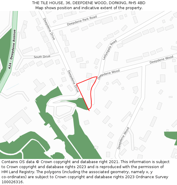 THE TILE HOUSE, 36, DEEPDENE WOOD, DORKING, RH5 4BD: Location map and indicative extent of plot