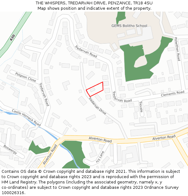 THE WHISPERS, TREDARVAH DRIVE, PENZANCE, TR18 4SU: Location map and indicative extent of plot
