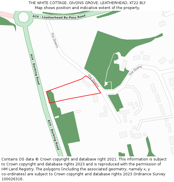 THE WHITE COTTAGE, GIVONS GROVE, LEATHERHEAD, KT22 8LY: Location map and indicative extent of plot