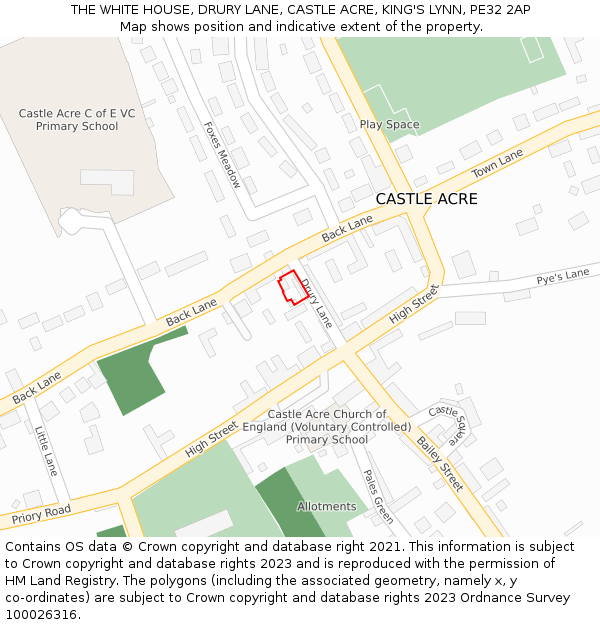 THE WHITE HOUSE, DRURY LANE, CASTLE ACRE, KING'S LYNN, PE32 2AP: Location map and indicative extent of plot