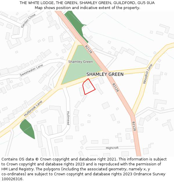 THE WHITE LODGE, THE GREEN, SHAMLEY GREEN, GUILDFORD, GU5 0UA: Location map and indicative extent of plot
