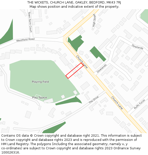 THE WICKETS, CHURCH LANE, OAKLEY, BEDFORD, MK43 7RJ: Location map and indicative extent of plot