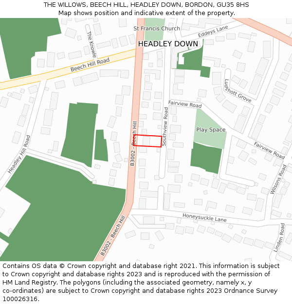 THE WILLOWS, BEECH HILL, HEADLEY DOWN, BORDON, GU35 8HS: Location map and indicative extent of plot