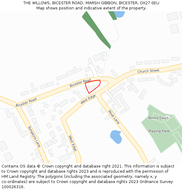THE WILLOWS, BICESTER ROAD, MARSH GIBBON, BICESTER, OX27 0EU: Location map and indicative extent of plot