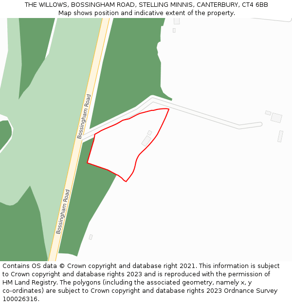 THE WILLOWS, BOSSINGHAM ROAD, STELLING MINNIS, CANTERBURY, CT4 6BB: Location map and indicative extent of plot