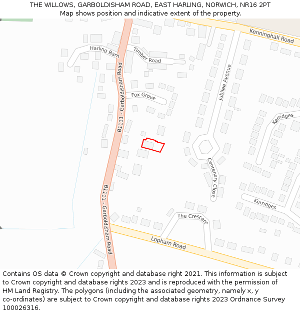 THE WILLOWS, GARBOLDISHAM ROAD, EAST HARLING, NORWICH, NR16 2PT: Location map and indicative extent of plot