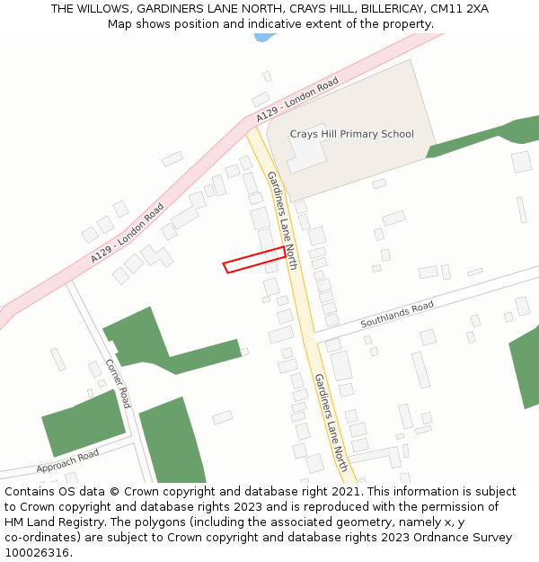 THE WILLOWS, GARDINERS LANE NORTH, CRAYS HILL, BILLERICAY, CM11 2XA: Location map and indicative extent of plot