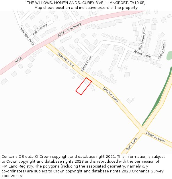 THE WILLOWS, HONEYLANDS, CURRY RIVEL, LANGPORT, TA10 0EJ: Location map and indicative extent of plot