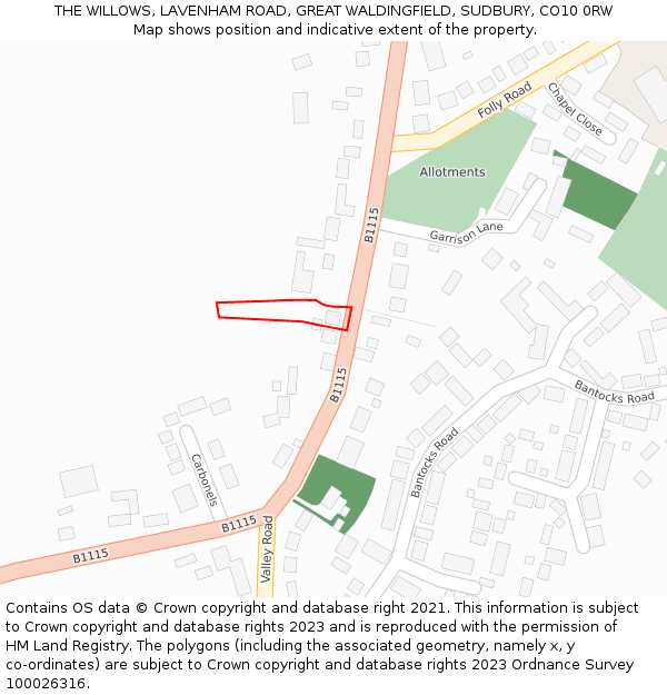 THE WILLOWS, LAVENHAM ROAD, GREAT WALDINGFIELD, SUDBURY, CO10 0RW: Location map and indicative extent of plot