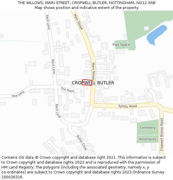THE WILLOWS, MAIN STREET, CROPWELL BUTLER, NOTTINGHAM, NG12 3AB: Location map and indicative extent of plot