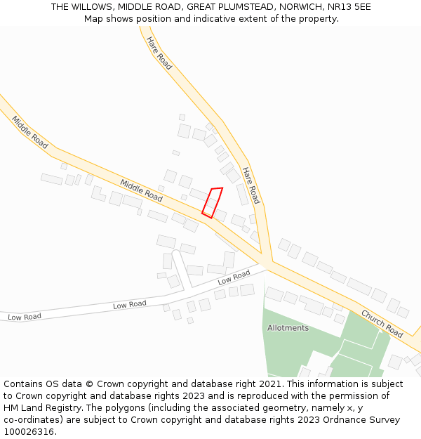 THE WILLOWS, MIDDLE ROAD, GREAT PLUMSTEAD, NORWICH, NR13 5EE: Location map and indicative extent of plot
