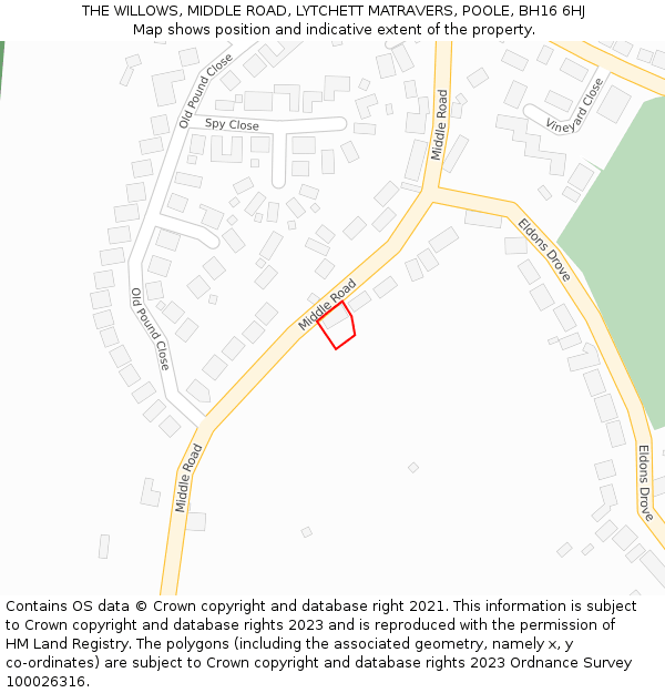THE WILLOWS, MIDDLE ROAD, LYTCHETT MATRAVERS, POOLE, BH16 6HJ: Location map and indicative extent of plot