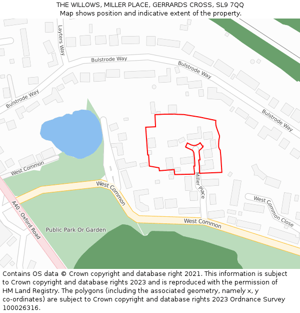 THE WILLOWS, MILLER PLACE, GERRARDS CROSS, SL9 7QQ: Location map and indicative extent of plot