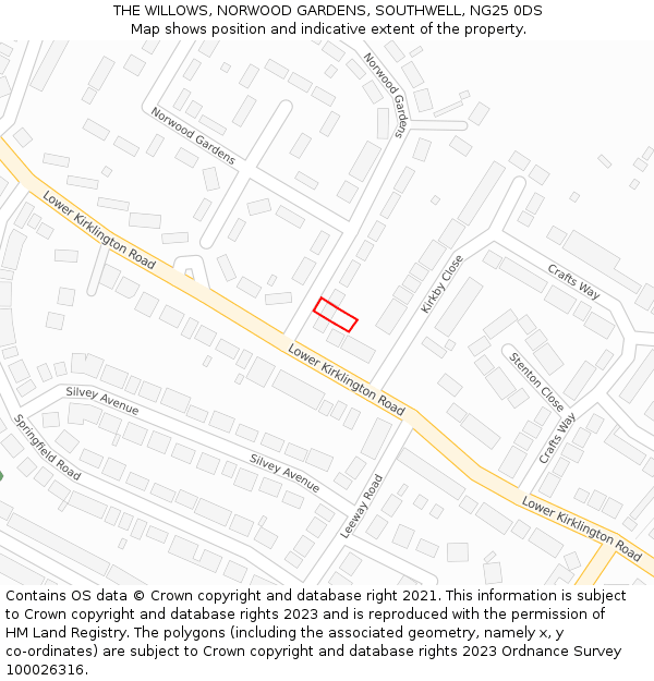 THE WILLOWS, NORWOOD GARDENS, SOUTHWELL, NG25 0DS: Location map and indicative extent of plot