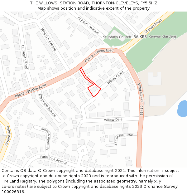 THE WILLOWS, STATION ROAD, THORNTON-CLEVELEYS, FY5 5HZ: Location map and indicative extent of plot