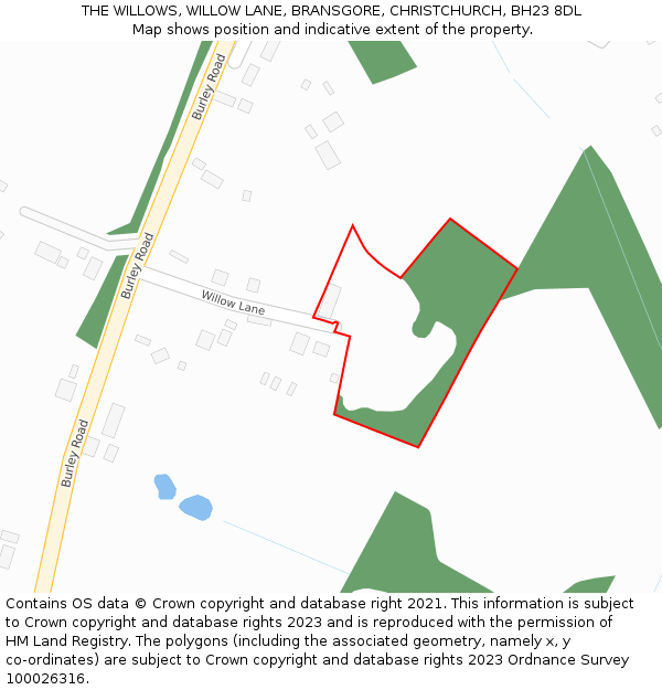 THE WILLOWS, WILLOW LANE, BRANSGORE, CHRISTCHURCH, BH23 8DL: Location map and indicative extent of plot