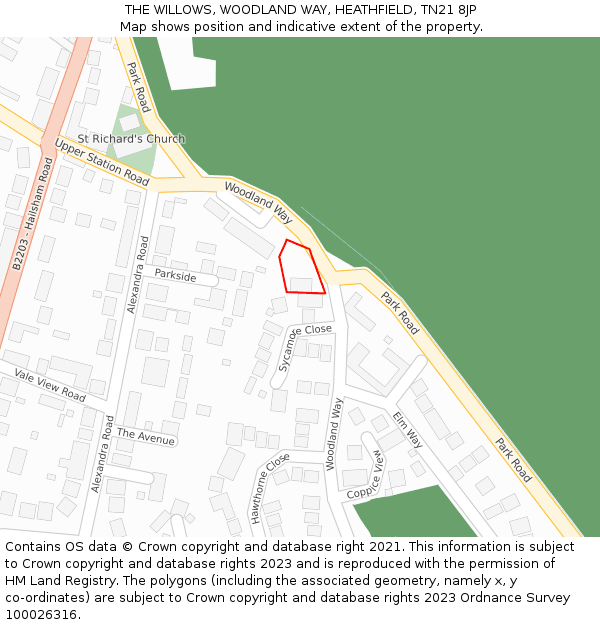 THE WILLOWS, WOODLAND WAY, HEATHFIELD, TN21 8JP: Location map and indicative extent of plot