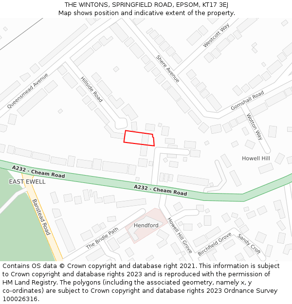 THE WINTONS, SPRINGFIELD ROAD, EPSOM, KT17 3EJ: Location map and indicative extent of plot