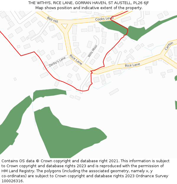 THE WITHYS, RICE LANE, GORRAN HAVEN, ST AUSTELL, PL26 6JF: Location map and indicative extent of plot