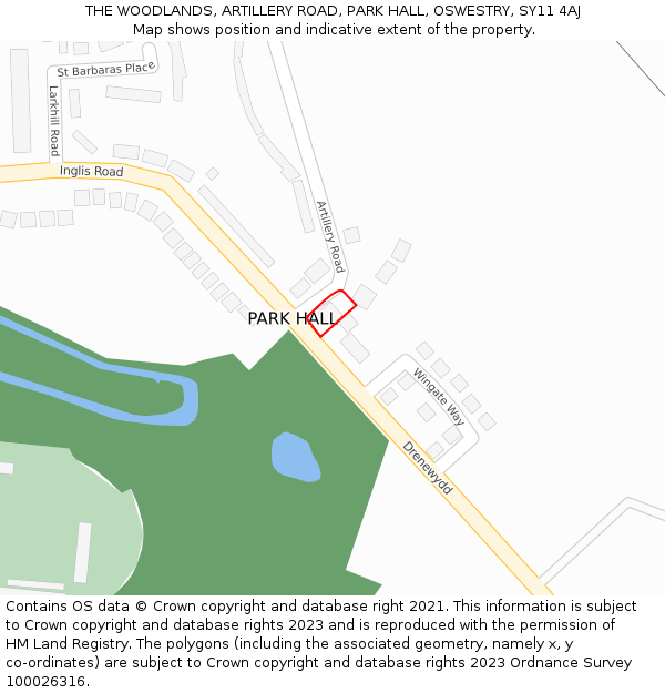 THE WOODLANDS, ARTILLERY ROAD, PARK HALL, OSWESTRY, SY11 4AJ: Location map and indicative extent of plot