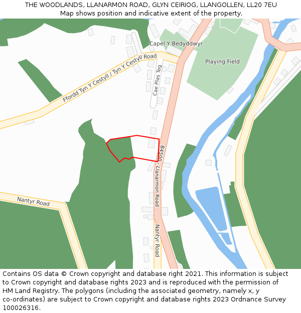 THE WOODLANDS, LLANARMON ROAD, GLYN CEIRIOG, LLANGOLLEN, LL20 7EU: Location map and indicative extent of plot