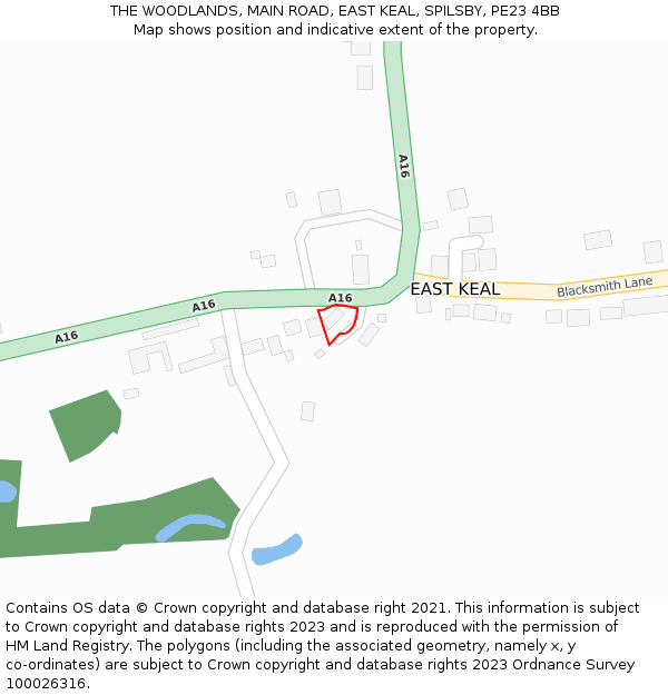 THE WOODLANDS, MAIN ROAD, EAST KEAL, SPILSBY, PE23 4BB: Location map and indicative extent of plot