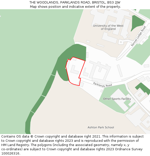 THE WOODLANDS, PARKLANDS ROAD, BRISTOL, BS3 2JW: Location map and indicative extent of plot