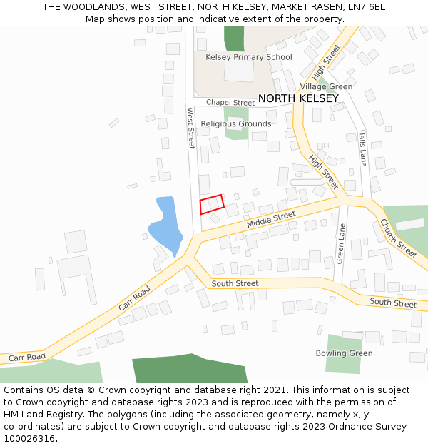 THE WOODLANDS, WEST STREET, NORTH KELSEY, MARKET RASEN, LN7 6EL: Location map and indicative extent of plot