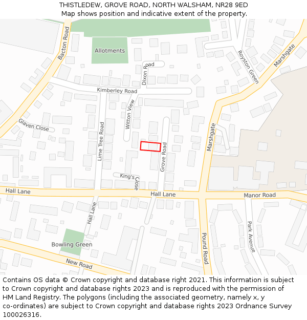 THISTLEDEW, GROVE ROAD, NORTH WALSHAM, NR28 9ED: Location map and indicative extent of plot