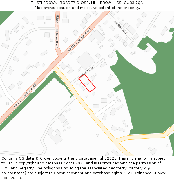 THISTLEDOWN, BORDER CLOSE, HILL BROW, LISS, GU33 7QN: Location map and indicative extent of plot