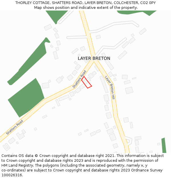 THORLEY COTTAGE, SHATTERS ROAD, LAYER BRETON, COLCHESTER, CO2 0PY: Location map and indicative extent of plot