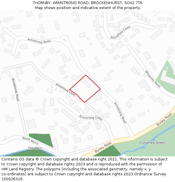 THORNBY, ARMSTRONG ROAD, BROCKENHURST, SO42 7TA: Location map and indicative extent of plot