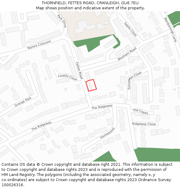 THORNFIELD, FETTES ROAD, CRANLEIGH, GU6 7EU: Location map and indicative extent of plot