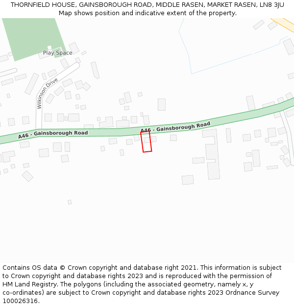 THORNFIELD HOUSE, GAINSBOROUGH ROAD, MIDDLE RASEN, MARKET RASEN, LN8 3JU: Location map and indicative extent of plot