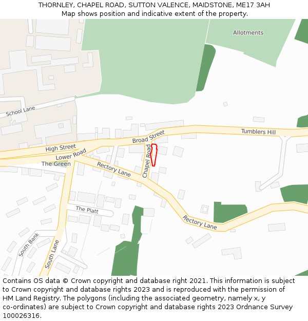 THORNLEY, CHAPEL ROAD, SUTTON VALENCE, MAIDSTONE, ME17 3AH: Location map and indicative extent of plot